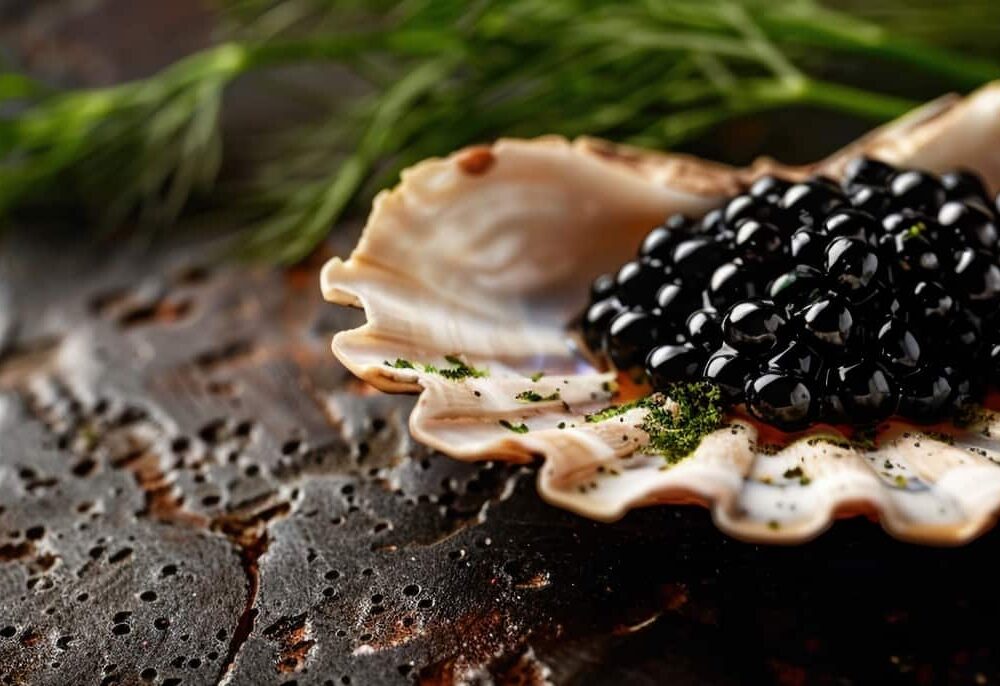 A Gourmet presentation of black caviar served in a scallop shell with dill on a dark, elegant background.