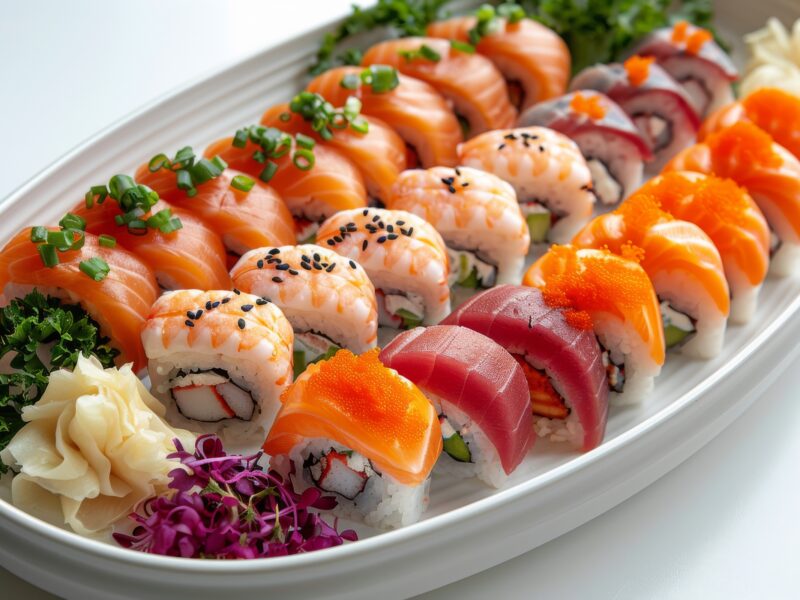 A plate filled with assorted sushi rolls, topped with a savory sauce drizzle. The sushi pieces are neatly arranged and garnished with sesame seeds. The sauce enhances the flavors of the fresh fish and rice, creating a visually appealing dish.