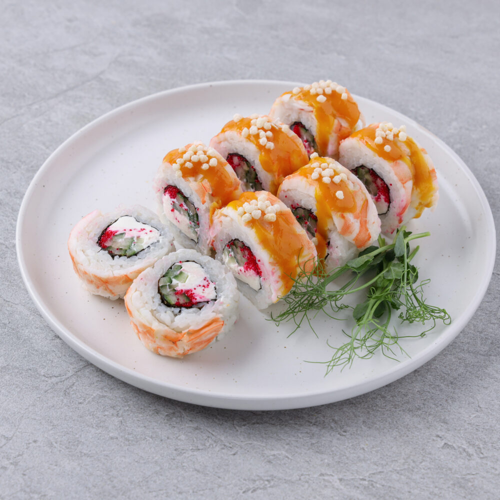 rolls with shrimp on a white background studio shooting 1