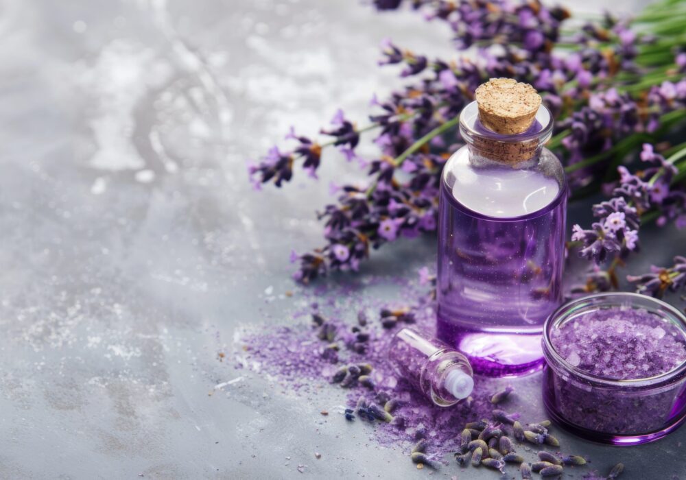 Lavender oil bottles with fresh flowers and homemade bath salt on gray surface