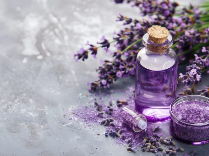 Lavender oil bottles with fresh flowers and homemade bath salt on gray surface
