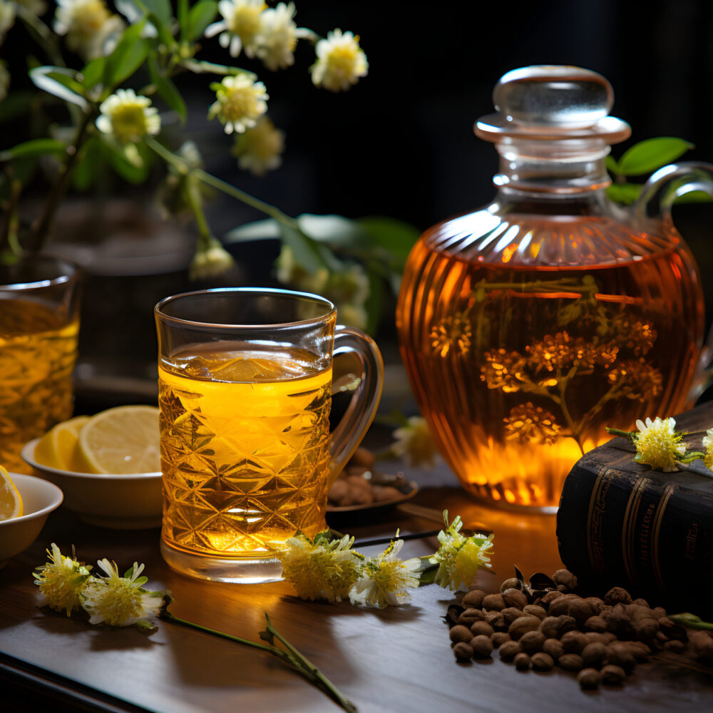 Cup of aromatic linden tea with fresh flowers on the table. Organic and natural, herbal hot healthy beverage.