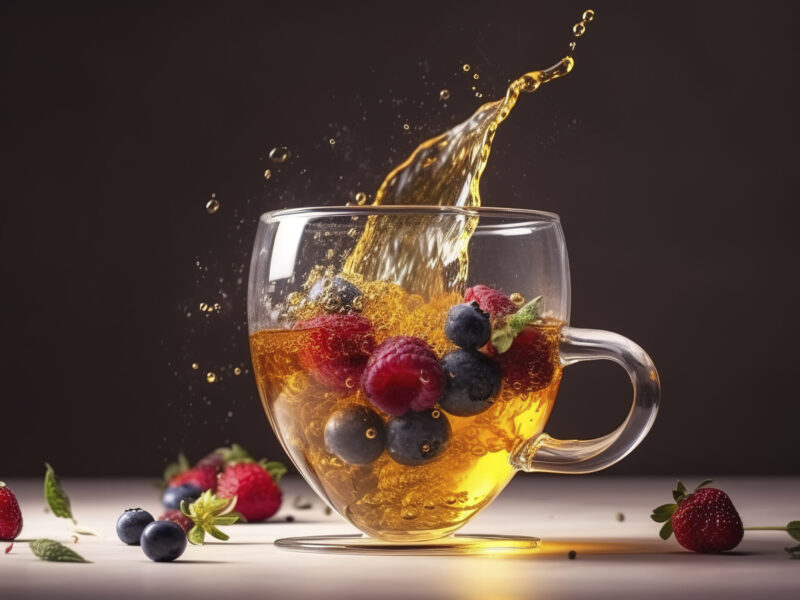 Magic tea concept, levitating effect. Flying ingredients for herbal tea with honey and berries. Tea in transparent glass tea cup, levitation. AI generated image