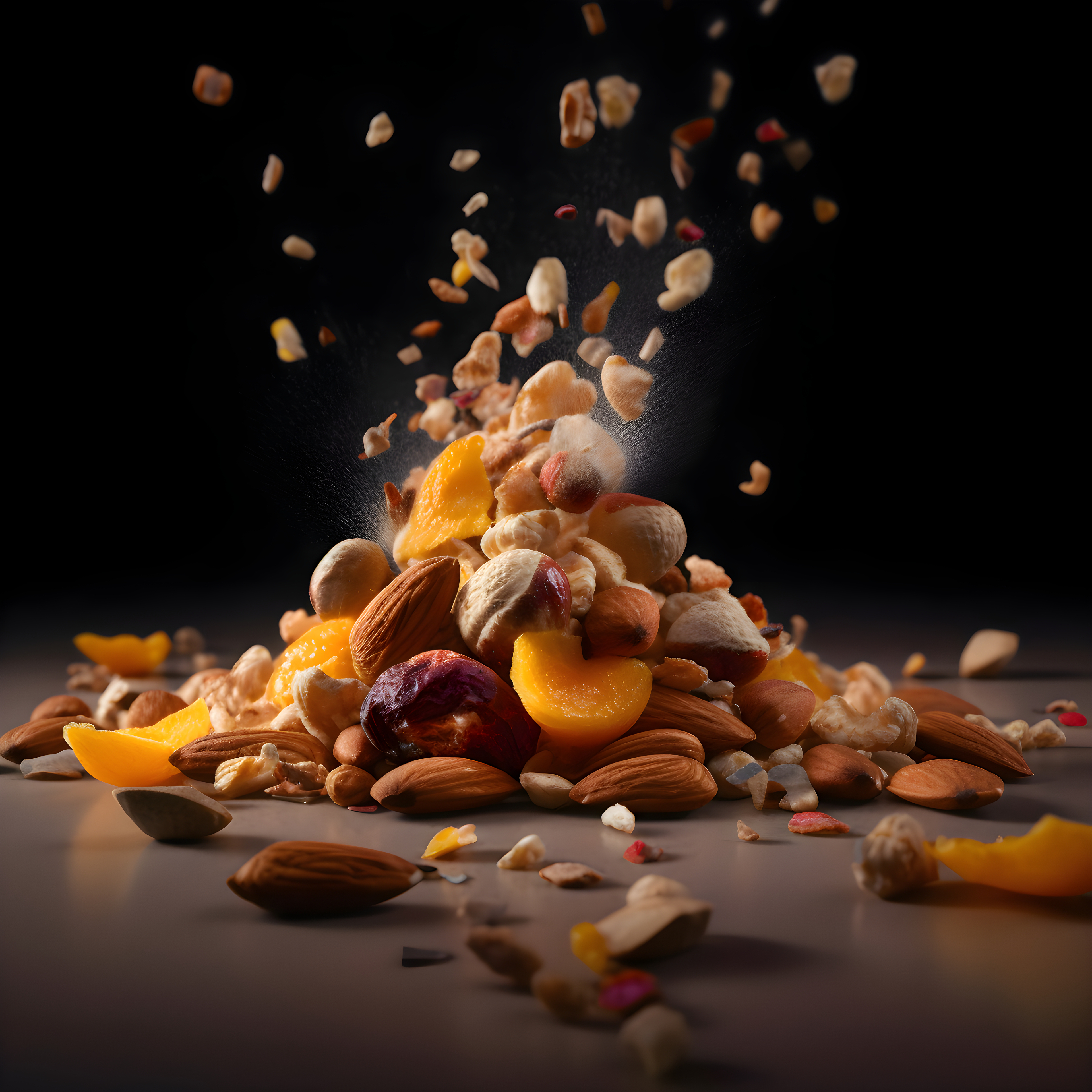 Mix of nuts and dried apricots on a dark background.